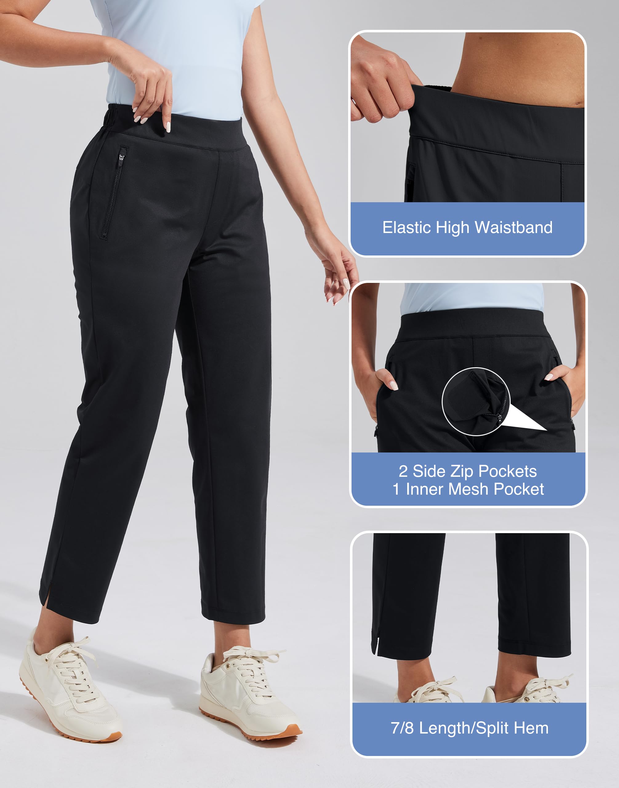 Pioneer Camp Pantalones de golf para mujer con bolsillos con cremallera, cintura alta, elásticos, 7/8, para trabajo, negocios, casual, pantalones de viaje