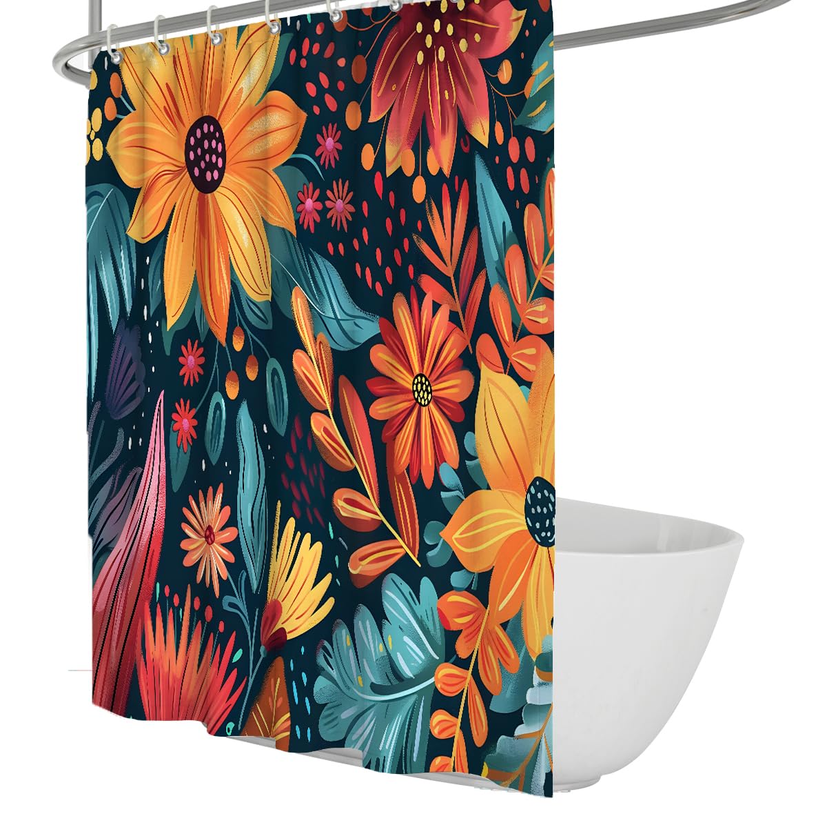 Rideau Douche Jardin ete Vintage tournesols Feuilles 200 x 220 cm | Rideau de bain fleurs rustiques, polyester impermeable, deco salle de bain avec crochets plastique