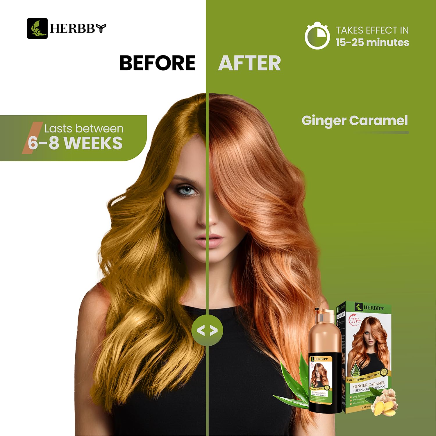 HERBBY Hair Color Shampoo for Gray Hair Coverage&Color Transform with 9 Herbal Extracts –Long Lasting(6-8 Weeks),Shiny,Evenly Colored,Instant Hair Dye Shampoo&Conditioner,500 Ml (GINGER CARAMEL COLOR) - Image 2