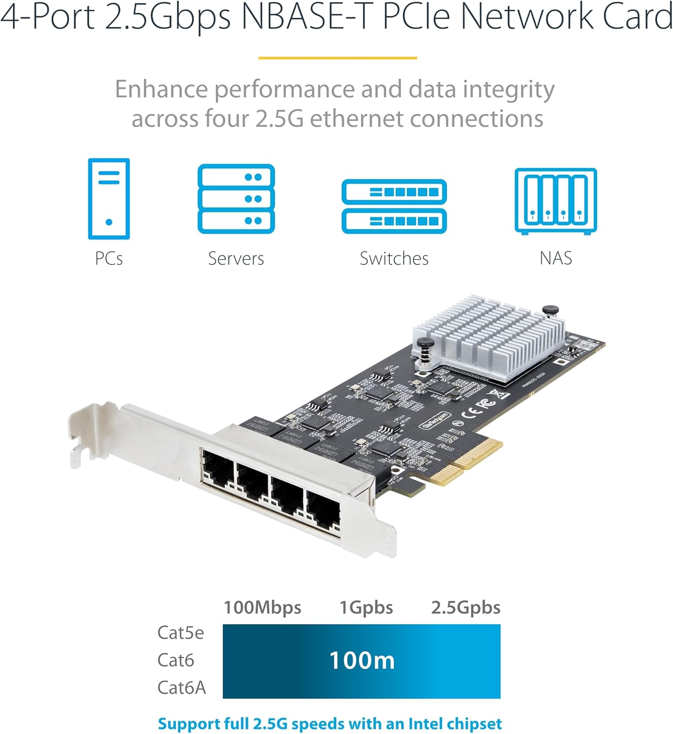 StarTech.com 4-Port 2.5Gbps NBASE-T PCIe Network Card, Intel I225-V, Quad-Port Computer Network Card, Multi-Gigabit NIC, PCI Express Server LAN Card, Desktop Ethernet Interface (PR42GI-NETWORK-CARD) - Image 2