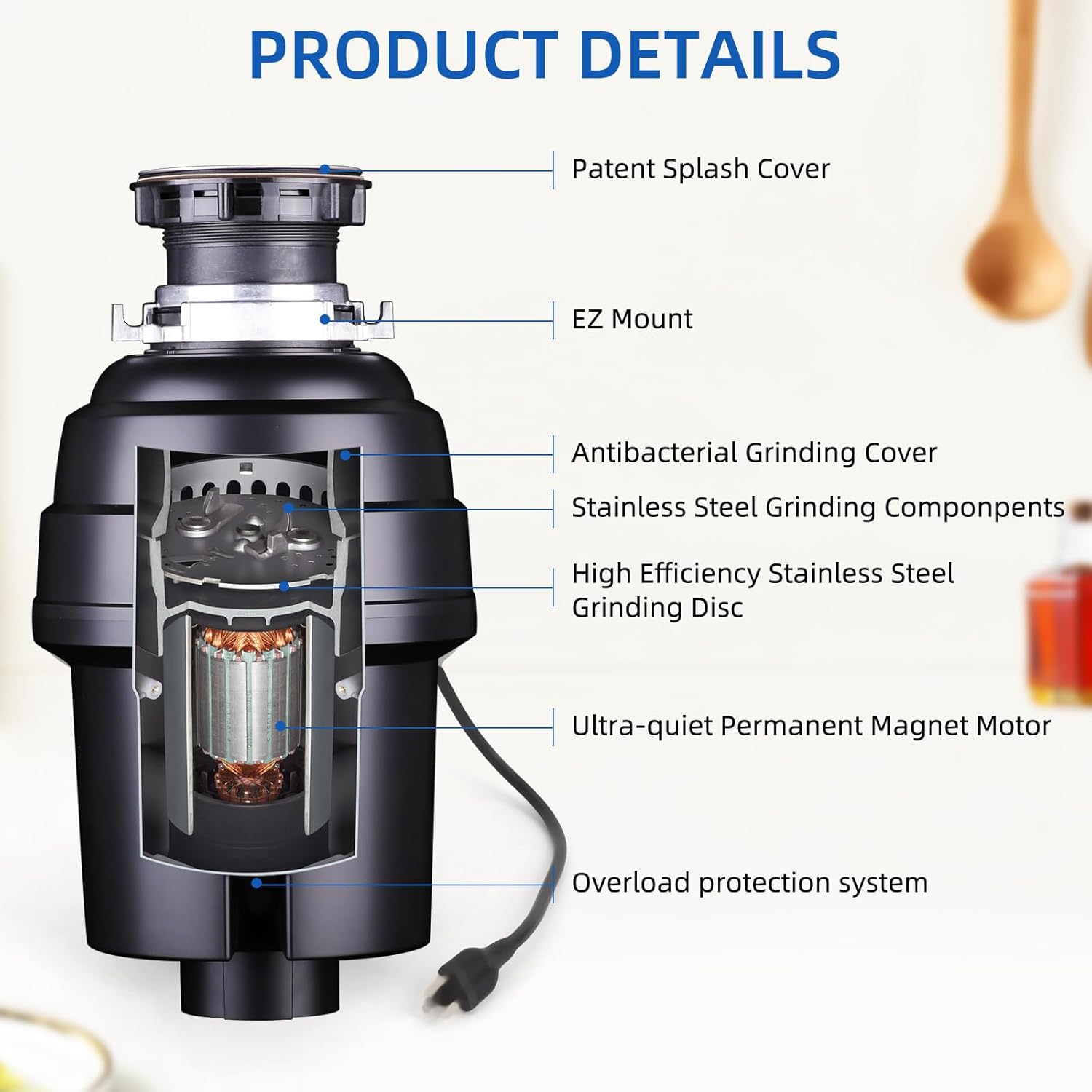 3/4 HP Garbage Disposer, Continuous Feed, Anti-Jam Stainless Steel Food Waste Grinding System, EZ Connect, for Kitchen Sinks, Power Cord Included, Black