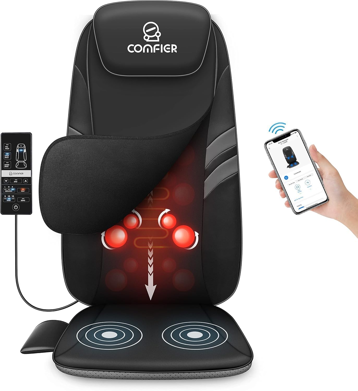 COMFIER Back Massager for Back Pain,APP Control, Shiatsu Massage Chair Pad,Electric Chair Massagers with Heat,Seat Cushion for Office,Home,Ideal Gifts for Mom,Dad,Him,Her CF-2506-APP