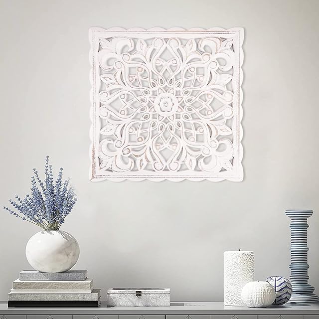 You's Auto Wooden Wall Decor Floral Hollow Carved Wall Panel Hanging Decor Rustic Wall Art Sculpture Home Wall Ornament(Square 30 * 30cm)