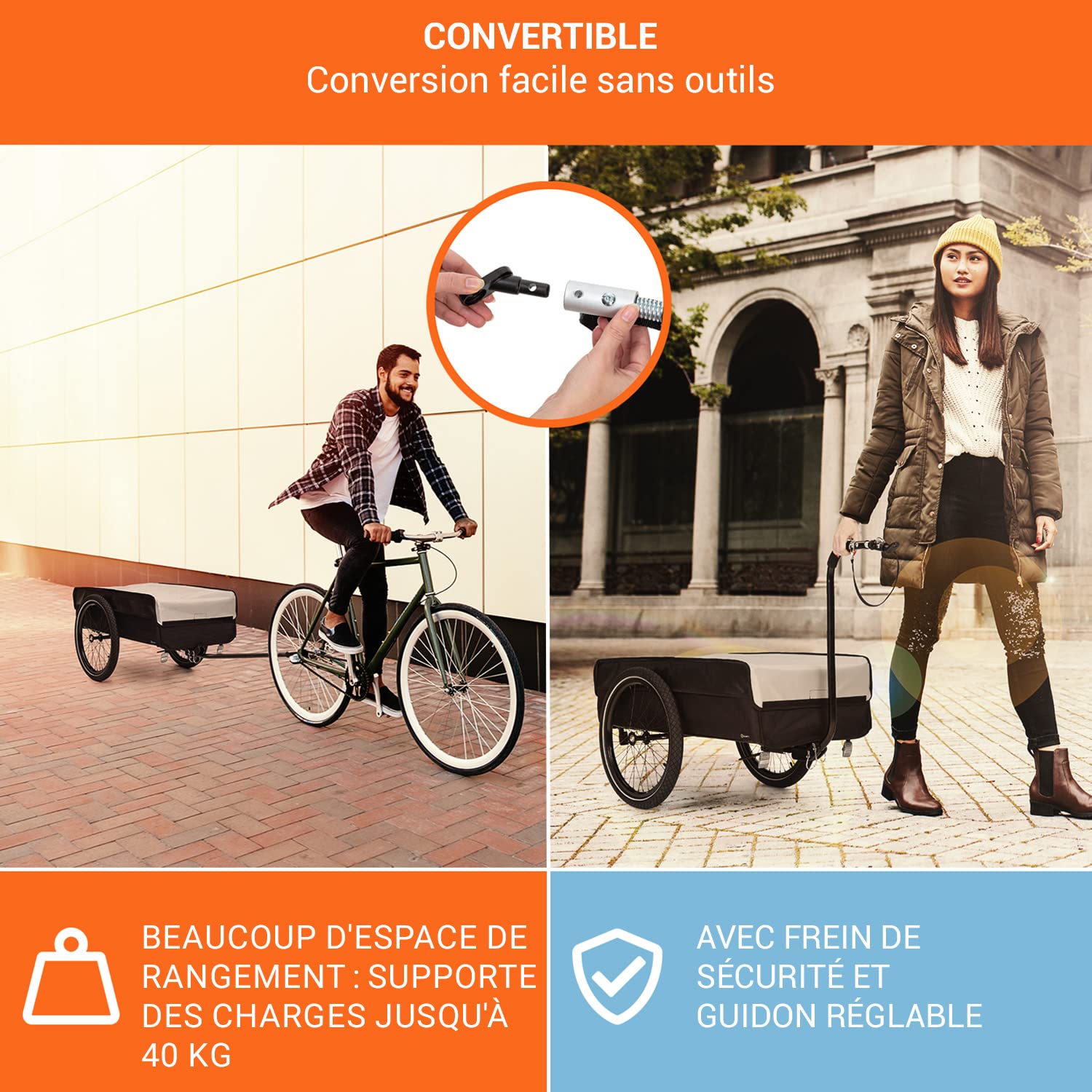 Klarfit Remorque Velo Cargo 2 Roues Acier avec Attelage Support Etanche Camping Bagages Trekking