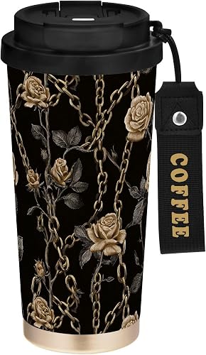 17 oz Insulated Coffee Mug Chain Roses Black Beige with Straw and Leak Proof Lid Double Wall Water Bottle Stainless Steel Vacuum Thermal Travel Drinking Cup for Hot/Cold Drink