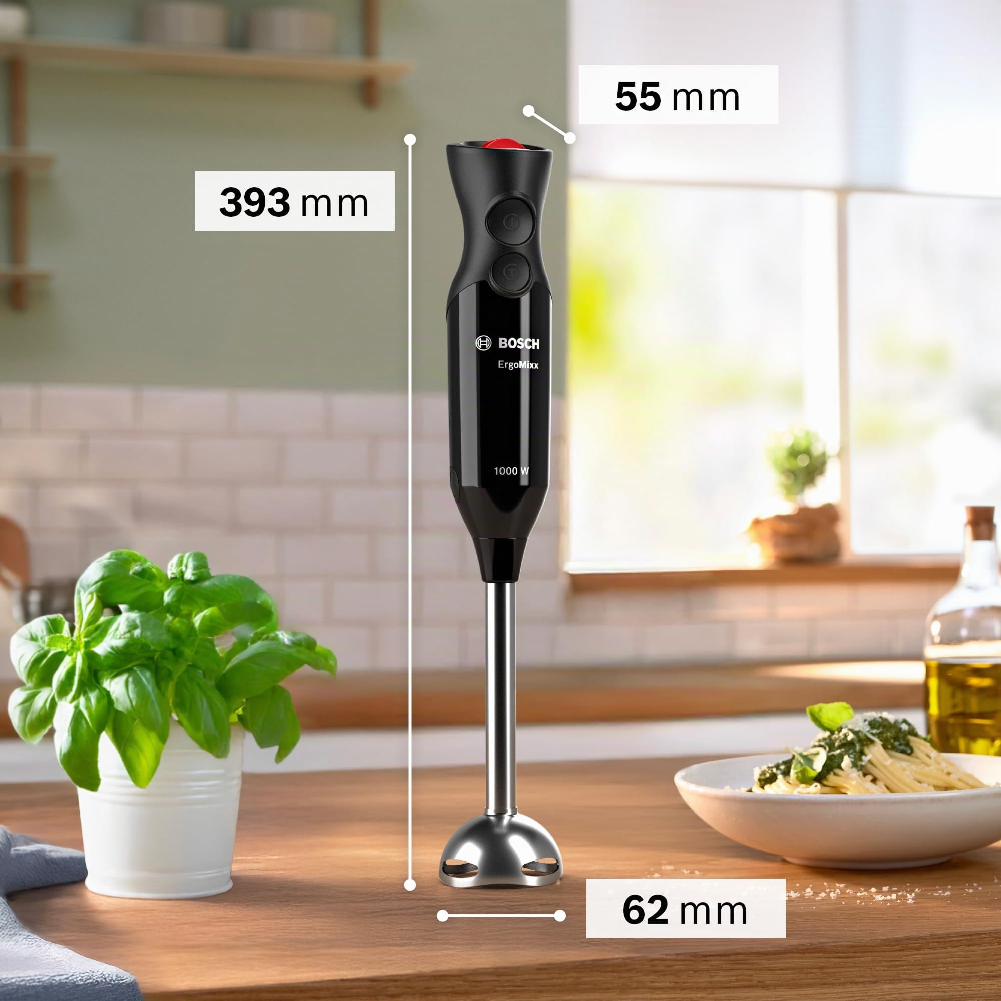 Bosch - Batidora de mano, ErgoMixx, motor de 1000 W, 12 velocidades y función turbo, vaso, negro, MS6CB6110