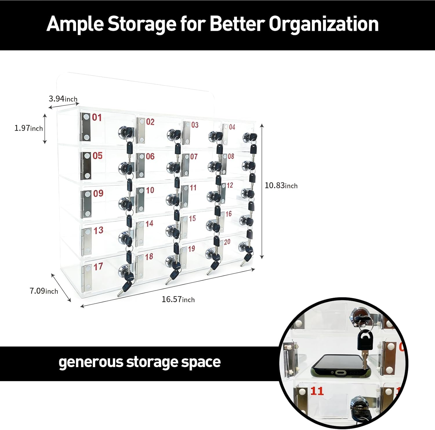 20-Slot Cell Phone Storage Locker, Clear Acrylic Mobile Phone Cabinet with Locks & Keys, Cell Phone Locker Box with Name Card Slot for Medium Office, Meeting Room, Gym Swimming Pool (20 Compartments)