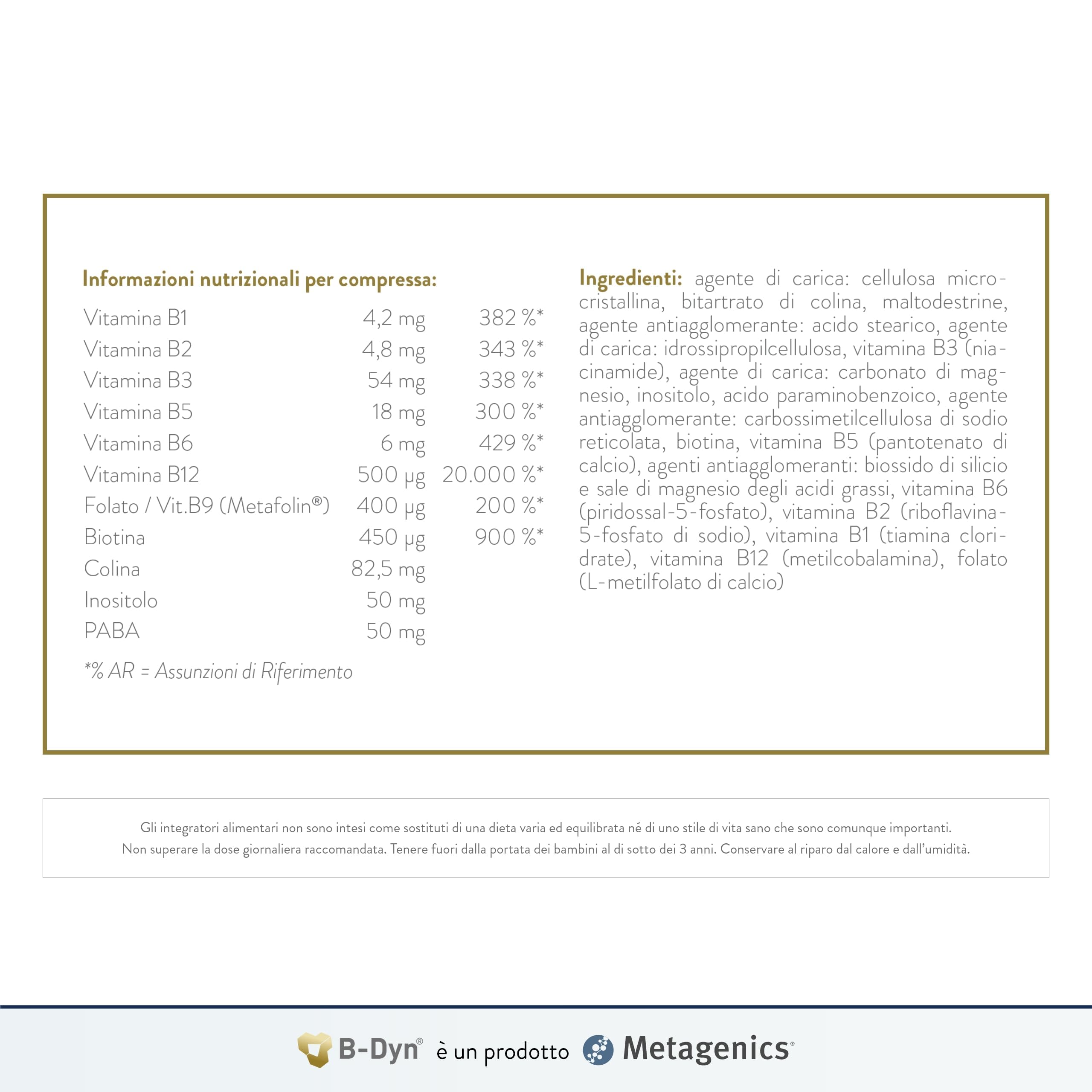 Metagenics B-Dyn - Sostiene il Sistema Nervoso, il Metabolismo dell'Omocisteina - Aiuta in Caso di Stanchezza - 30 Compresse