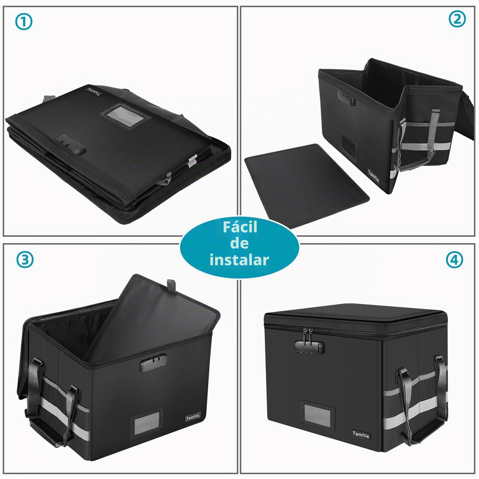 Tamfile Caja de documentos ignífuga y organizadora de archivos impermeable con cerradura, plegable con cremallera, portátil para oficina y casa con asas