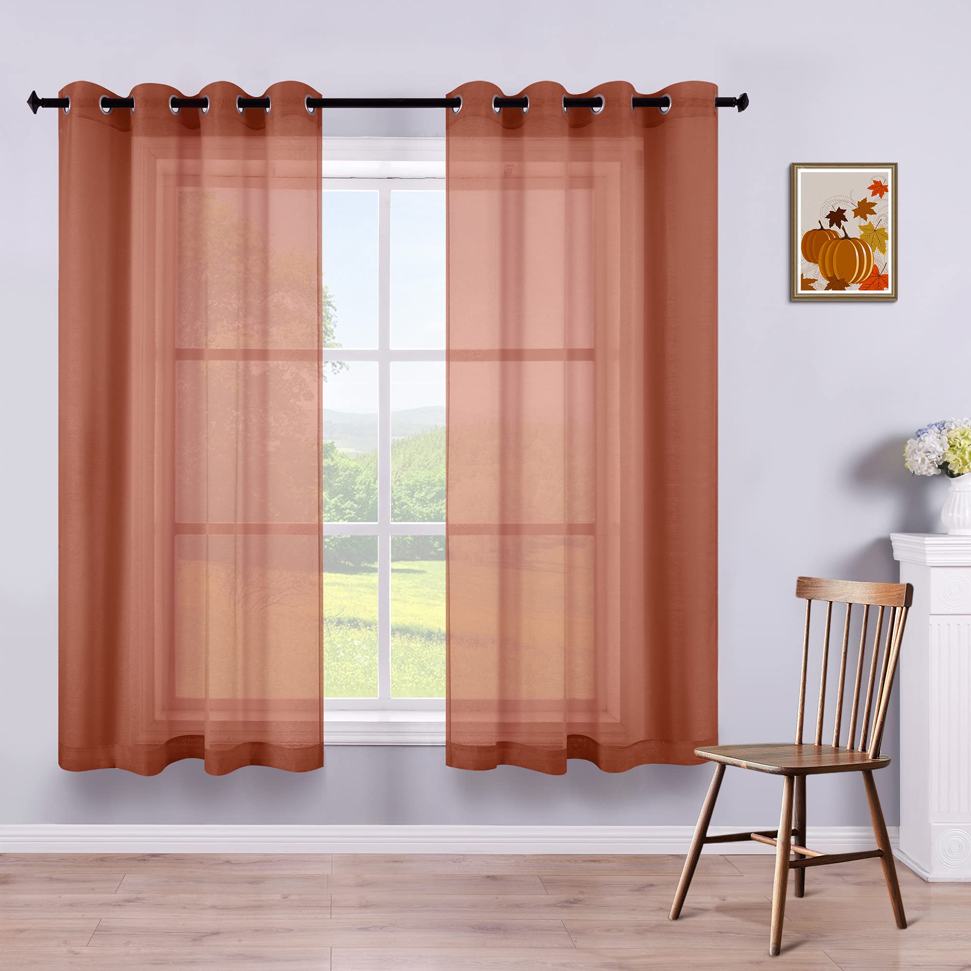 KOUFALL 2 Panels Grommet Faux Linen Sheer Curtains-Terracotta-52x45