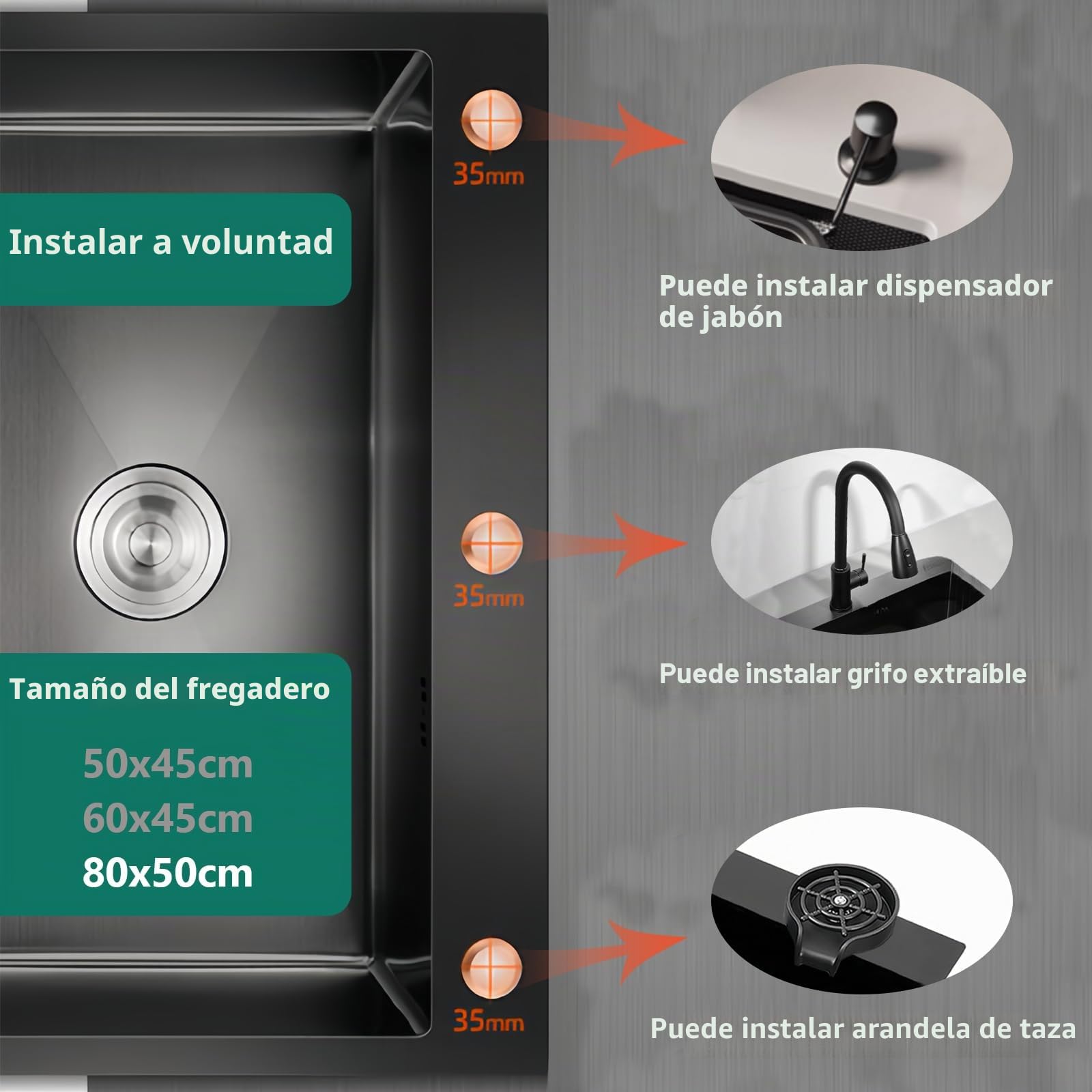 Fregadero de Acero Inoxidable Negro de Tres Agujeros, 80 x 50 cm, Fregadero de Cocina Utilitario, Tazón Único con Dispensador de Jabón, Grifo, Adecuado para Cocina, Bar y Uso al Aire Libre