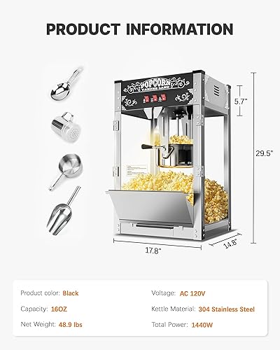 Miniatura 8 de Máquina comercial de palomitas de maíz de 16 onzas, máquina grande de palomitas de maíz para encimera, 1440 W, máquina de maíz de mesa de cine con