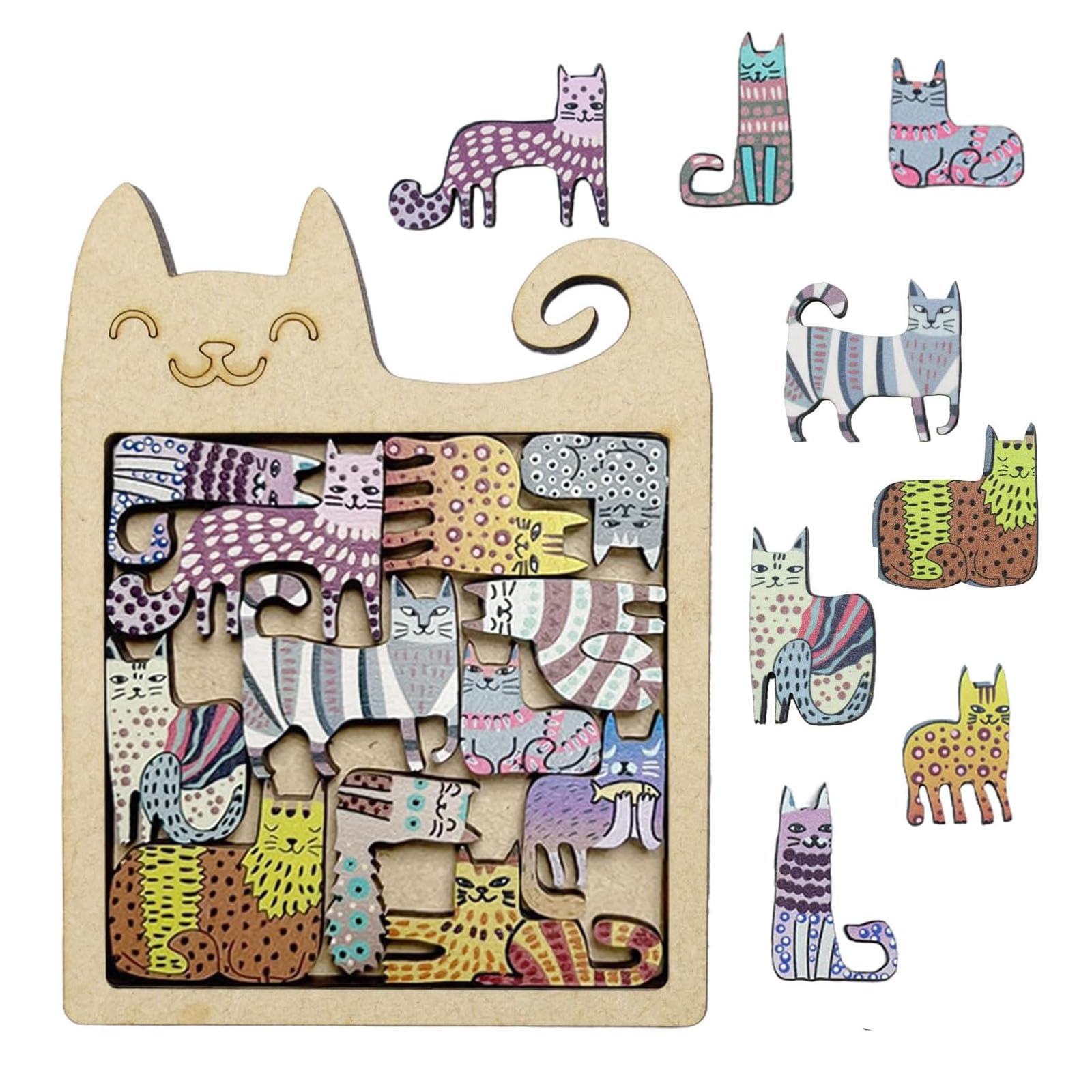 Solvind Mini Irregular Wooden Cat Puzzle, Super Challenging Kitten Jigsaw Puzzle for Adults Teens, Unique Cat Lover Gifts, Decorative Wooden Ornament for Shelf Desk (10.5x8cm)