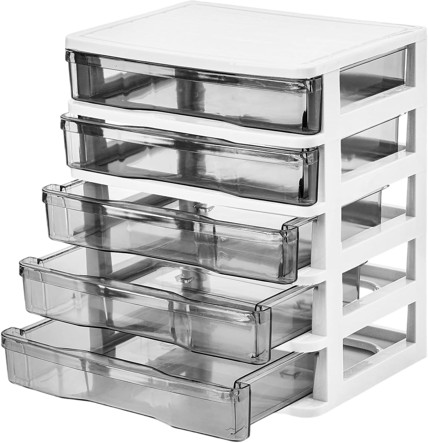 DEAYOU 5 Drawer Desktop Storage Bin Unit, Small Plastic Organizer, White Frame with Clear Drawer, Mini Container Case for Desk, Storing Craft, Accessory, Stationery