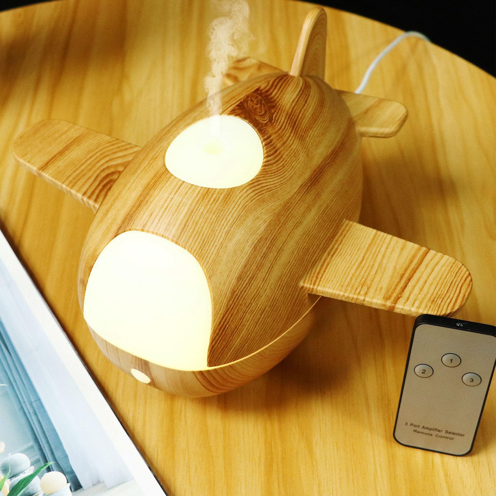 Asixxsix Umidificatore con Base in Venature del Legno, a Forma di Aeroplano