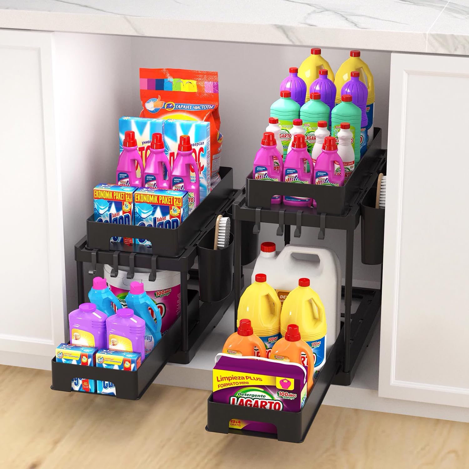 Pack of 2-Under Sink Organizer, Multi-Purpose Under Cabinet Storage with Hooks Hanging Cups, Heavy Load pull-out 2-Tier Under Sink Storage Organizer and Large Capacity Bathroom Cabinet (Black)