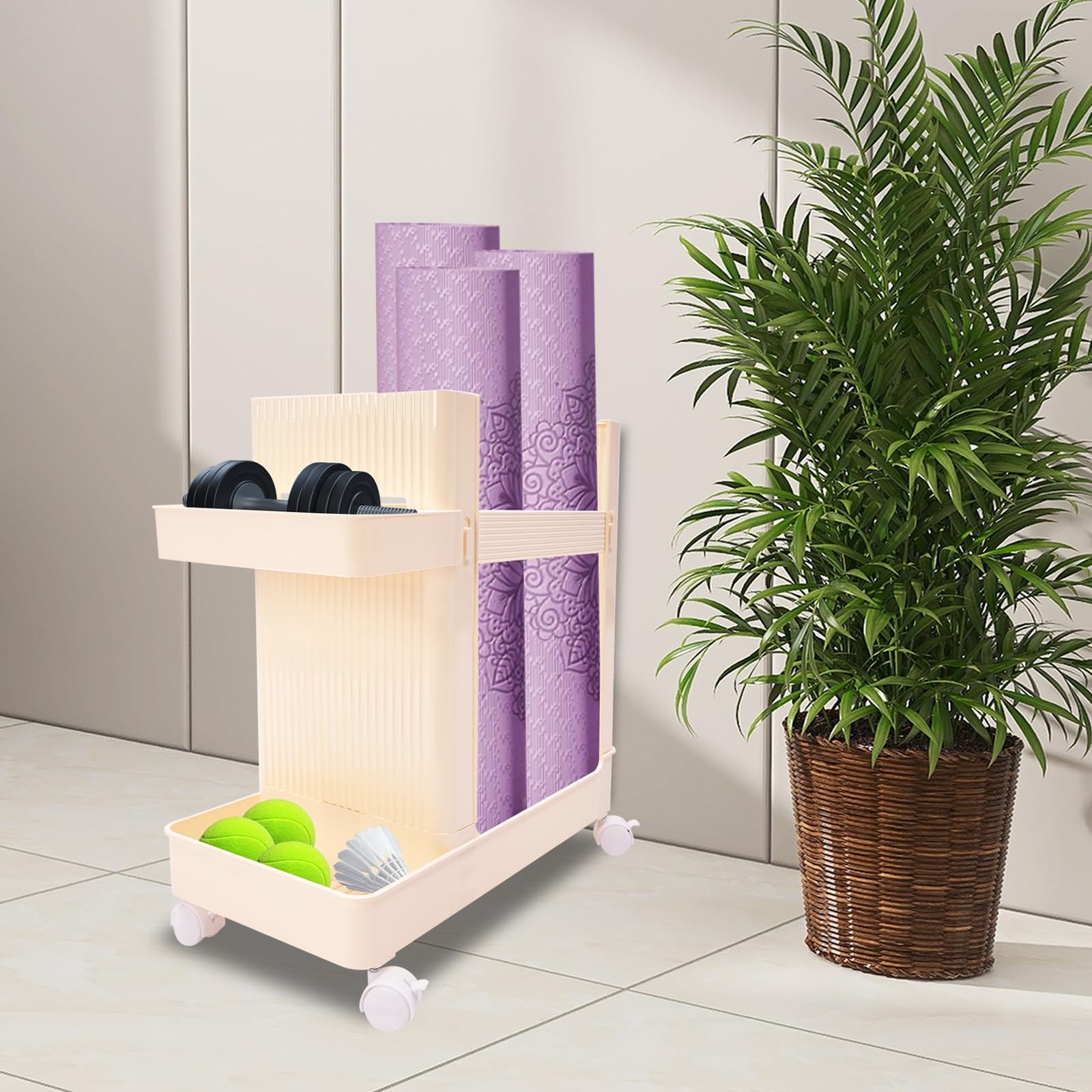 JAYGOVAN Yoga Mat Storage Rack Home Gym Equipment Workout Equipment Organizer Yoga Mat Holder for Dumbbell,Kettlebell,Foam Roller Women Men Fitness Exercise Equipment Organization with Wheels(Yellow)