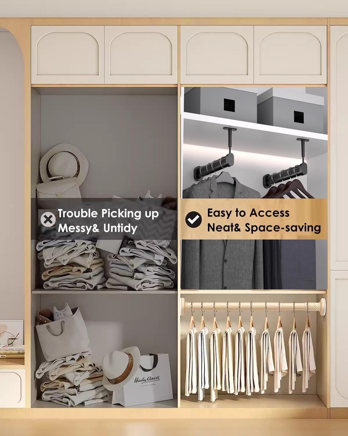Heavy Duty L-Shaped Closet Rod Support, 24.4in Garment Rack Bracket Kit for Clothes Hanging, Durable Silver Pole for Wardrobe & Kitchen Organization