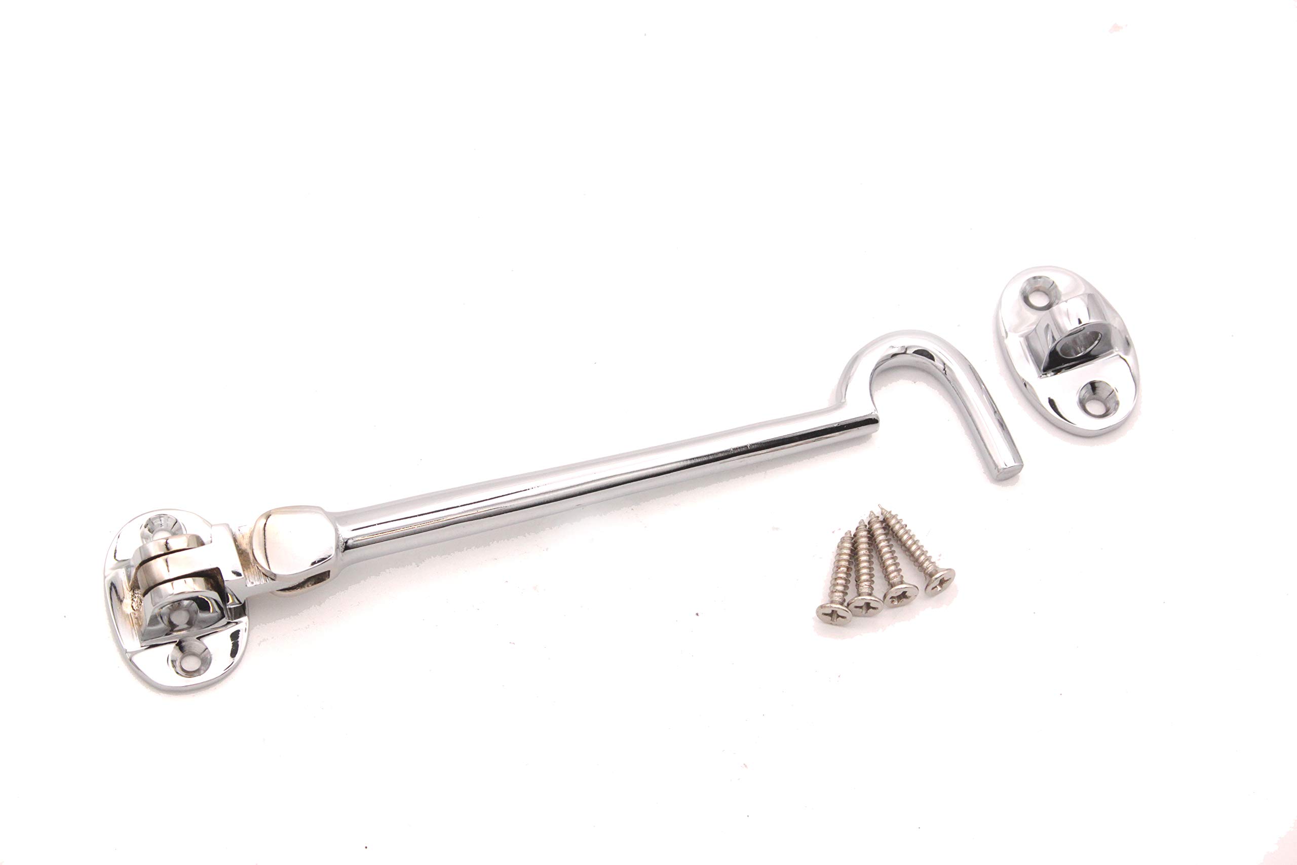 6" Brass Cabin Hook & Eye Silent Catch/Latch/Holder/Back Gate/Shed/Patio Door (Polished Chrome)