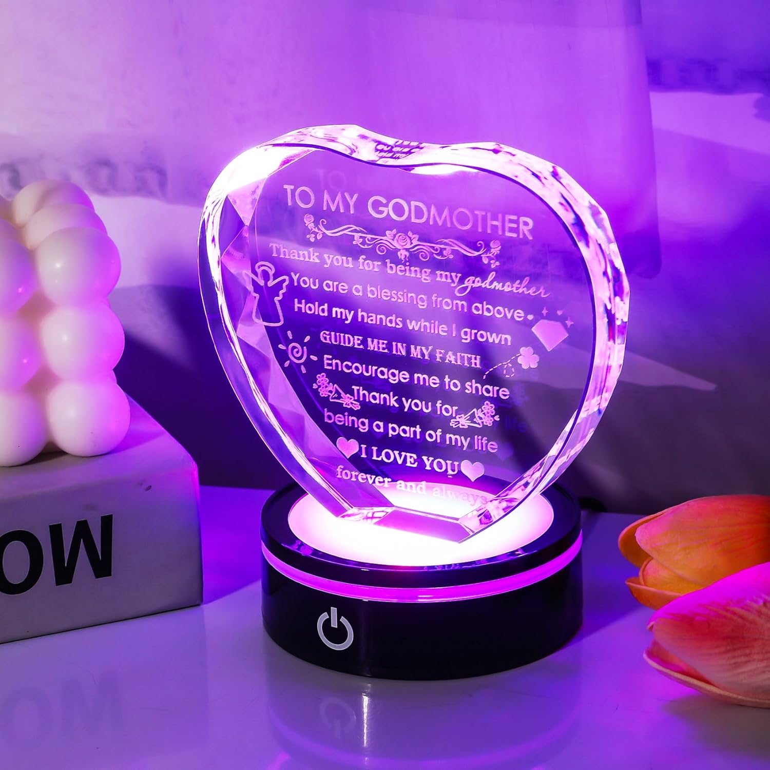 YWHL Godmother Gifts from Godchild with Colorful LED Base Best Heart Crystal Keepsakes Godmother Gift Idea from Goddaughter Godson for Mothers Day, Christmas, Birthday, Thanksgiving