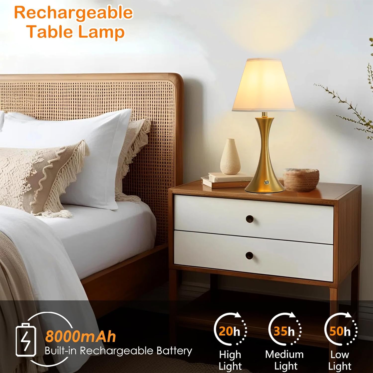 18 inches Gold Brass Wireless Lamp,Cordless Table Lamp with 8000mAh Battery,Modern and Elegant Rechargeable Table Lamp,Bulbs and Charging Cable Included