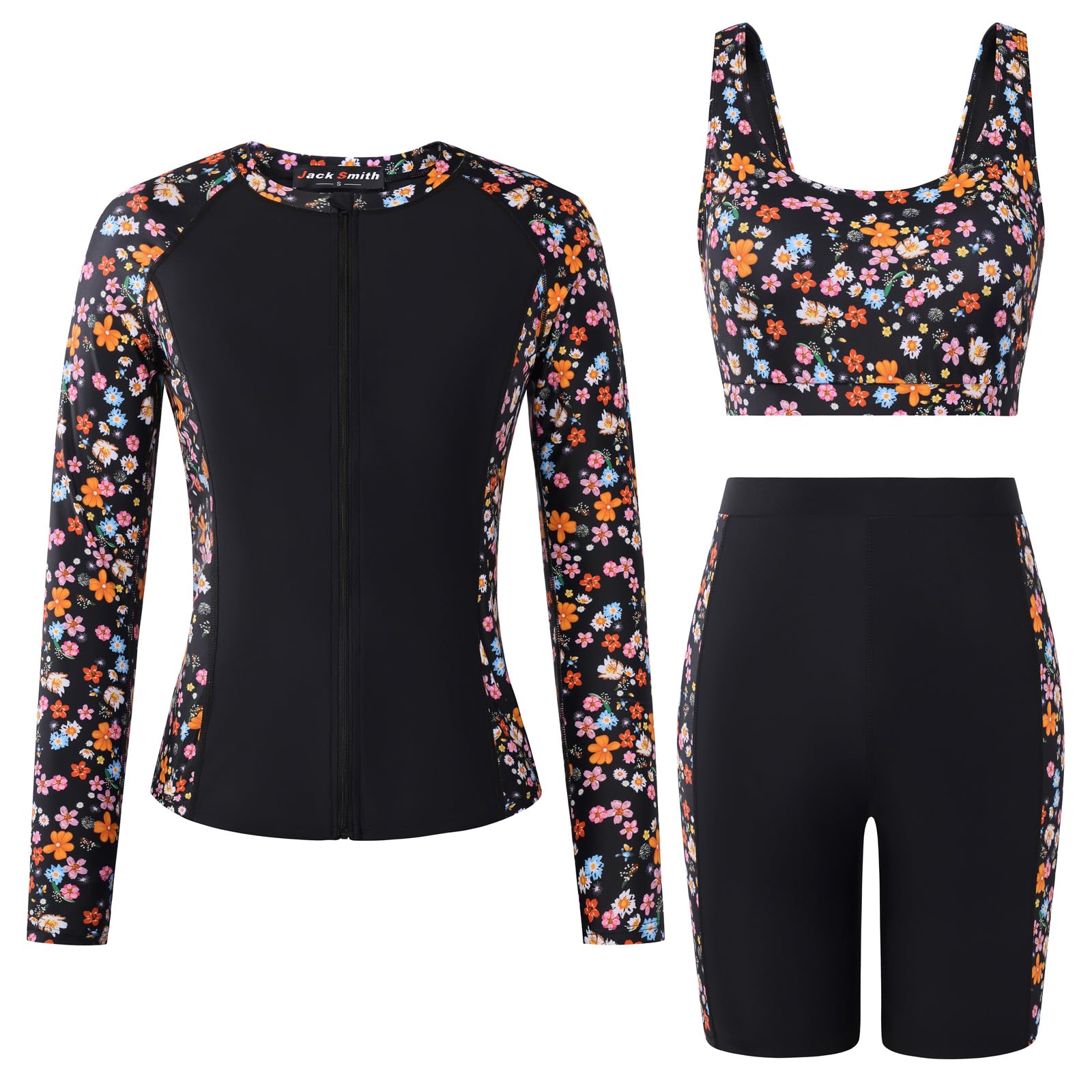 JACK SMITH Women's 3 Piece Long Sleeve Rash Guard Swimsuits Zip Front Bathing Suit Tankini Swimsuits UPF 50