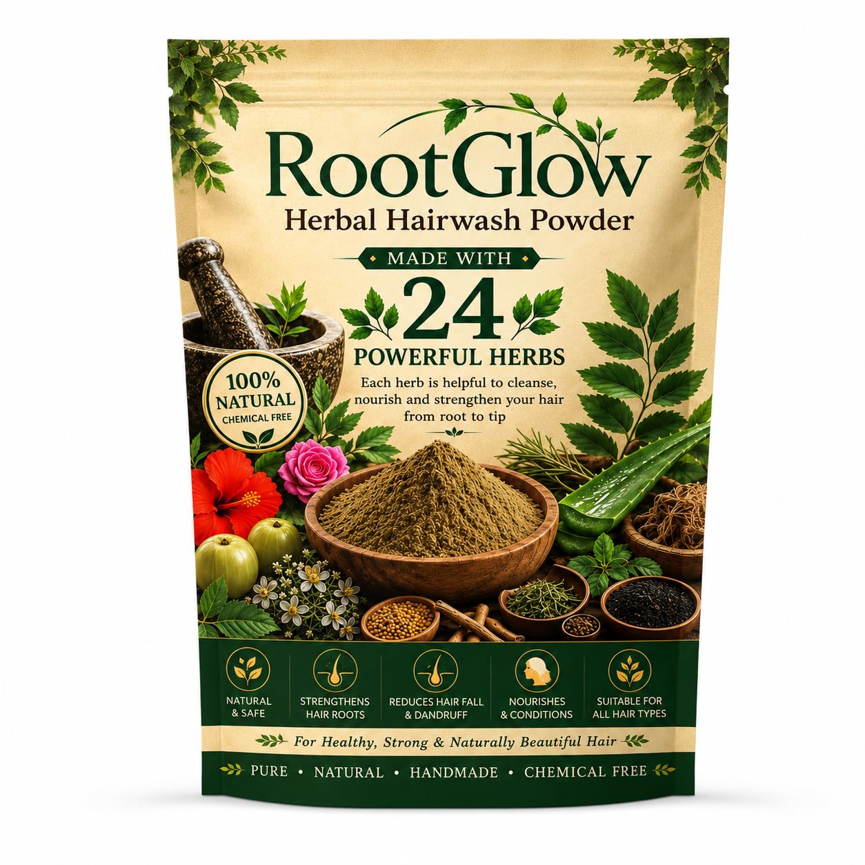 RootGlow Herbal Hair Wash Powder | 24 Powerful Herbs | Natural Ayurvedic Hair Cleanser | Shikakai, Soapnut, Amla & Hibiscus | Chemical-Free Herbal Shampoo Powder for Hair Fall & Scalp Care | Suitable for Men & Women | 100g-image-35