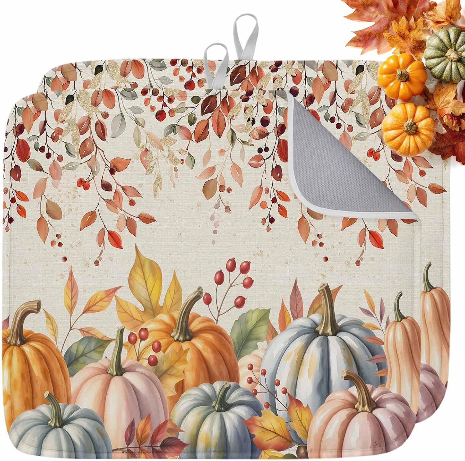 Dish Drying Mat for Kitchen Counter Thanksgiving Colorful Pumpkins Orange Leaves Highly Absorbent Dish Drainer 18 x 24 Inches Dish Drying Pad for Kitchen Counter, Sink, Draining Racks 2PCS