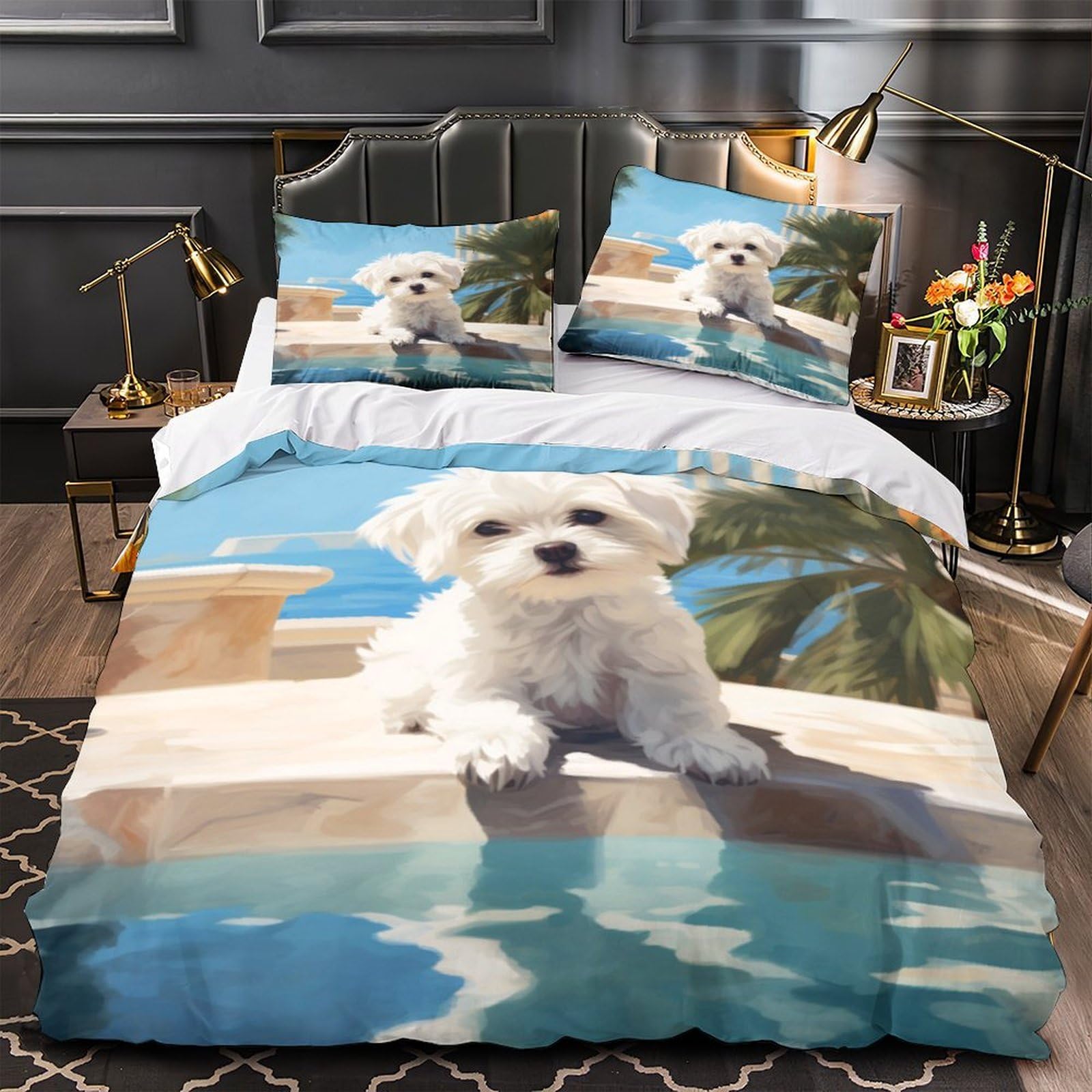Housse de couette chiot blanc super king 260x220 literie microfibre 3D anti-allergène