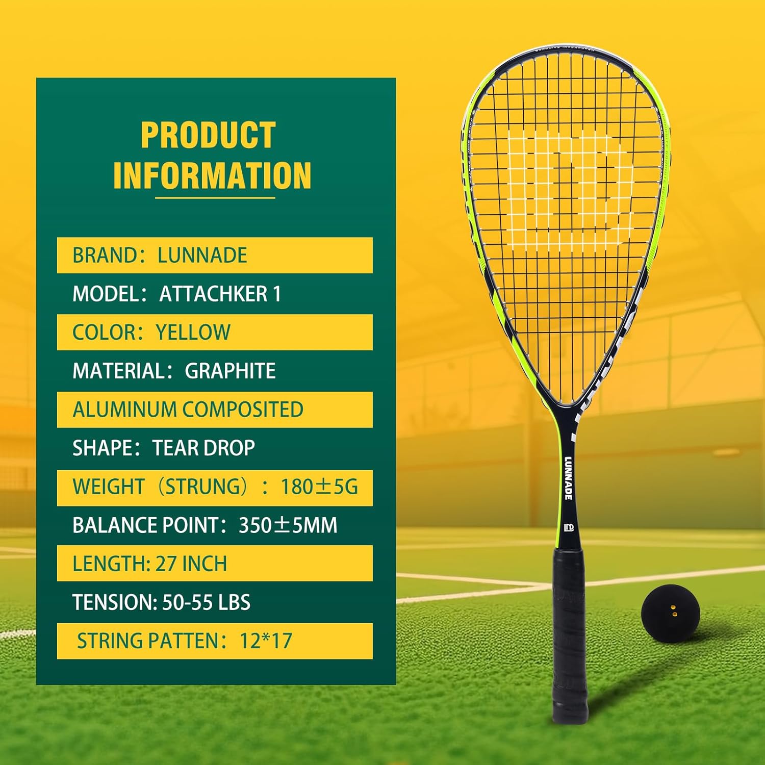 Carbon Squash Racket, Lightweight Tear Drop Squash Racquet with Ball Overgrip Damper and Bag