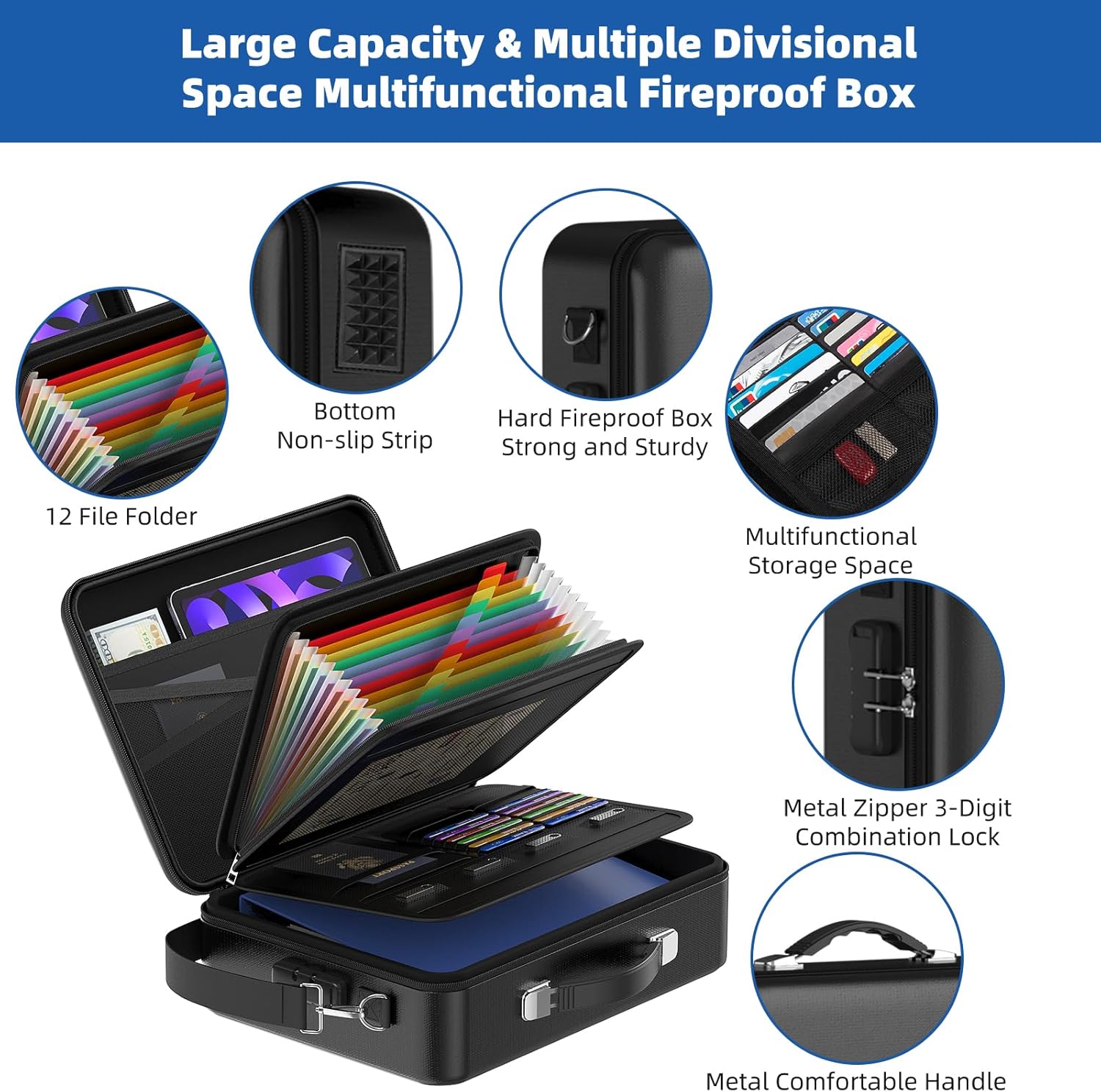 Fireproof Document Box with Lock, Durable Hard Case File Organizer Fire Safe Box, Hard-Shell Design Waterproof Fireproof Safe Important Document Organizer (Pink with Shoulder Strap)