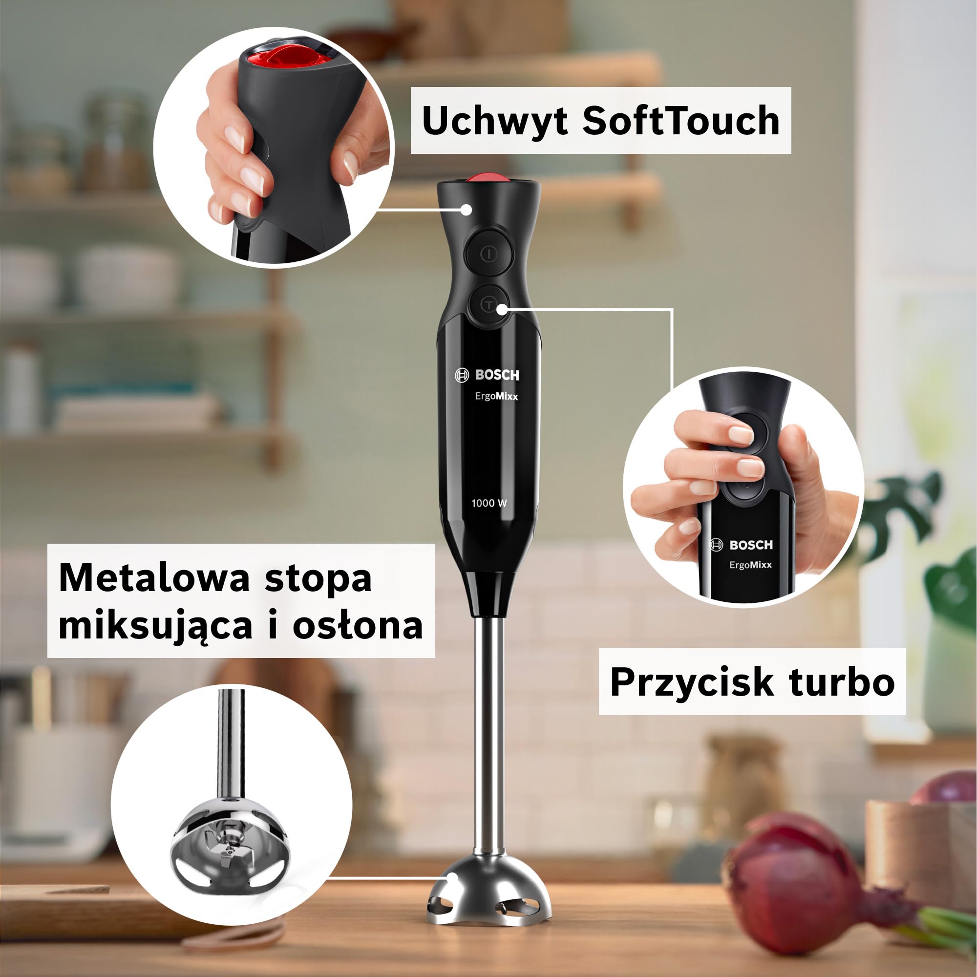 Bosch, blender ręczny, ErgoMixx, silnik 1000 W, 12 prędkości i funkcja turbo, pojemnik, czarny, MS6CB6110