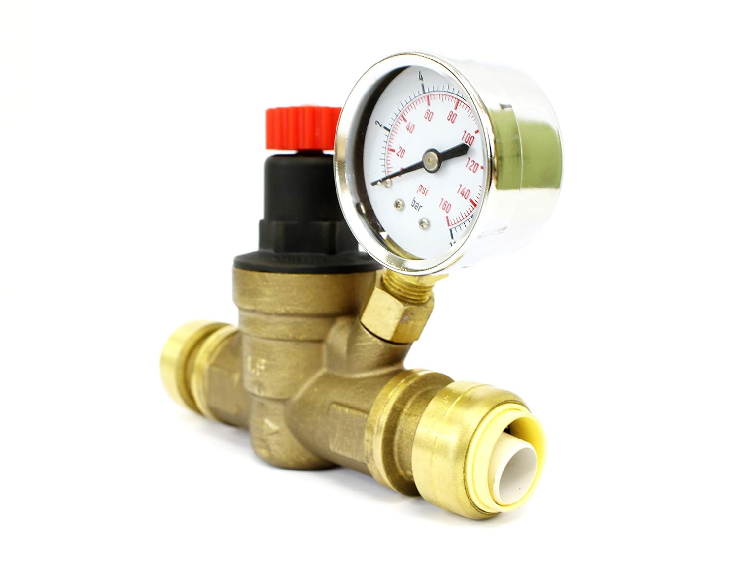 CMI Inc 3/4 in Push Connect. Water Pressure Regulator Valve, Adjustable Water Pressure Reducer with Test Gauge for RV Camper, Travel Trailer, Water Hose