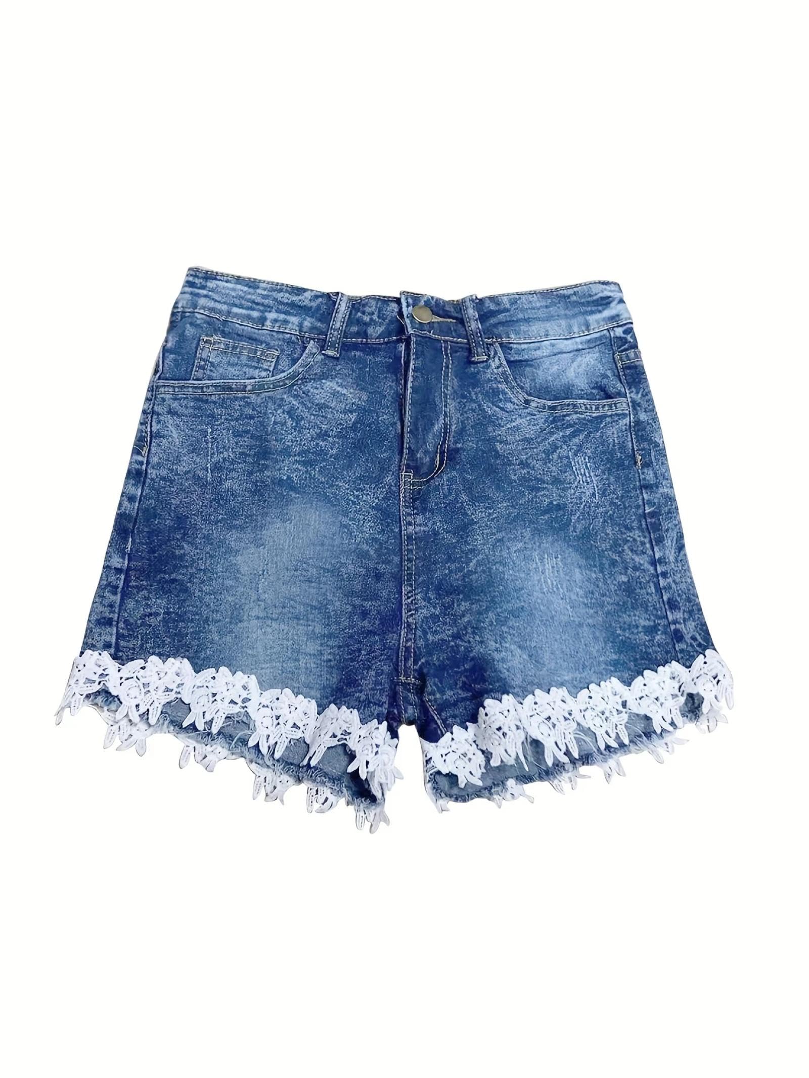 Short Jogging Dentelle Décor Denim Shorts Haute-Stretch Slash Poches Casual Court Denim Pantalon Esthétique Fée Style Femmes