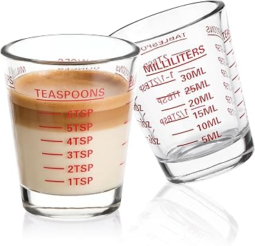 SAIAOKJ Shot Glass Measuring Cup Set, 2 Pack Espresso Shot Glasses (Red) | Glass measuring cups feature 26 markings up to 1 OZ, 2 TBS, 6 TSP, 30 ML for espresso, liquor, medicine and recipes