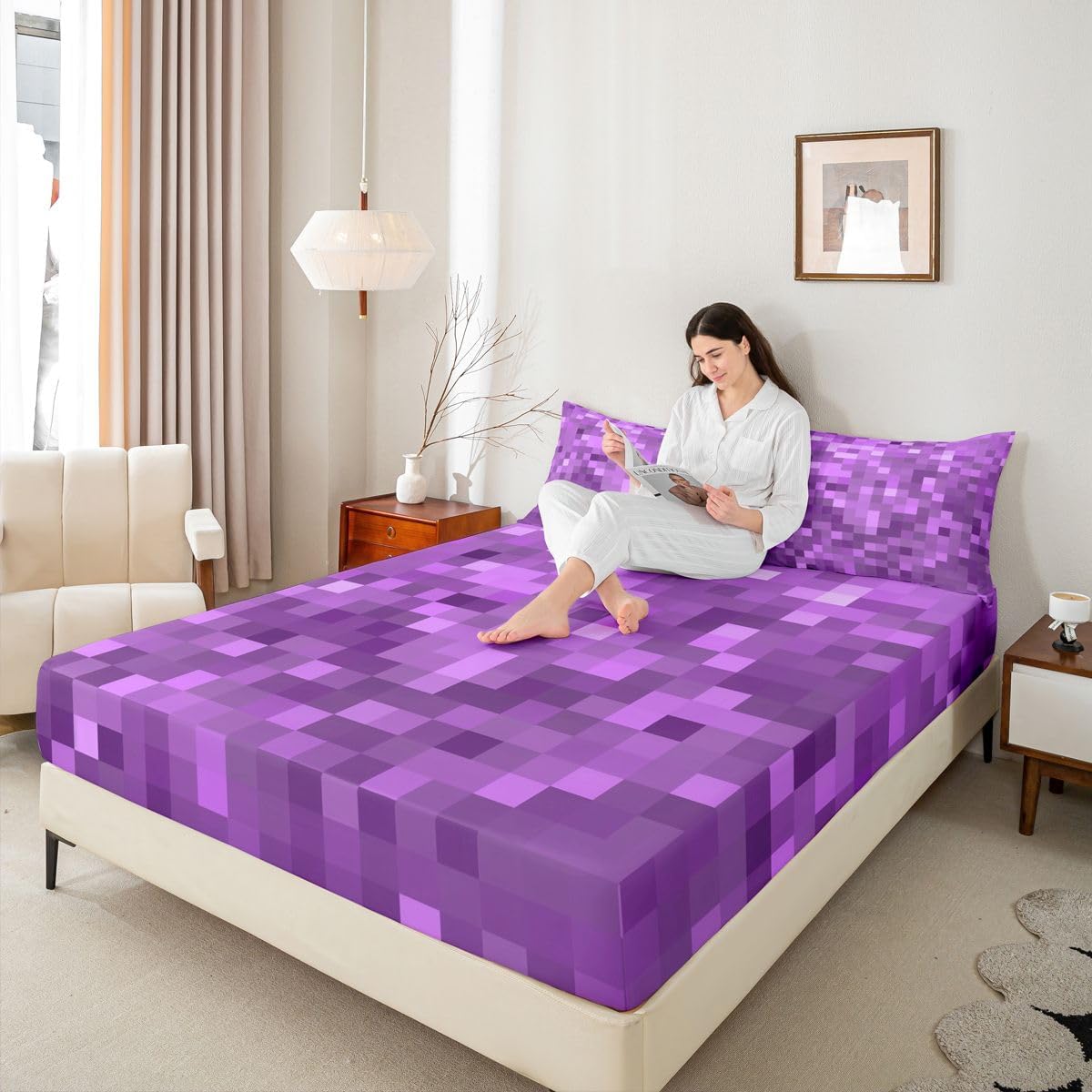 Manfei Pixelated Miners Game Bed Sheets Full Size,Videogame Gamepad Gaming Easy Wash Bedding Set,Modern Geometric Square Boys Girls Room Decor,Purple Sheet(Fitted+Flat+2 Pillowcases) image 5