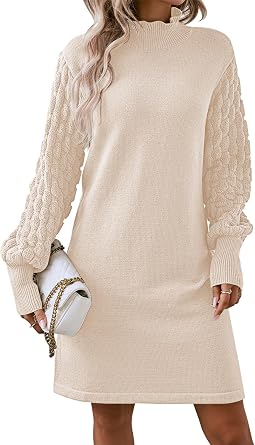 Pink Queen Womens Long Sleeve Sweater Mini Dress Casual Loose Mock Neck Empire Waist Cocktail Party Knit Short Dresses