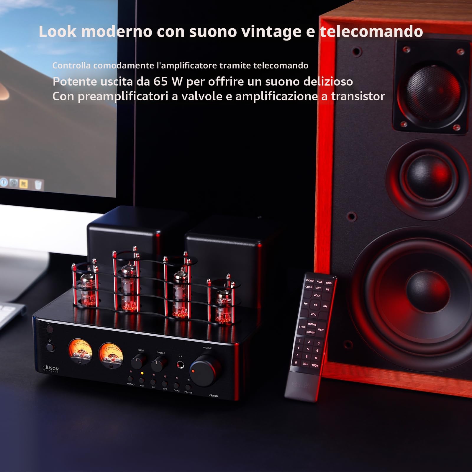 Juson Audio JTA50 Amplificatore a tubo amplificatore Hi-Fi con BT 5.0, telecomando, AUX, COAX, ingresso Phono e USB, uscita subwoofer, 2.1CH per giradischi