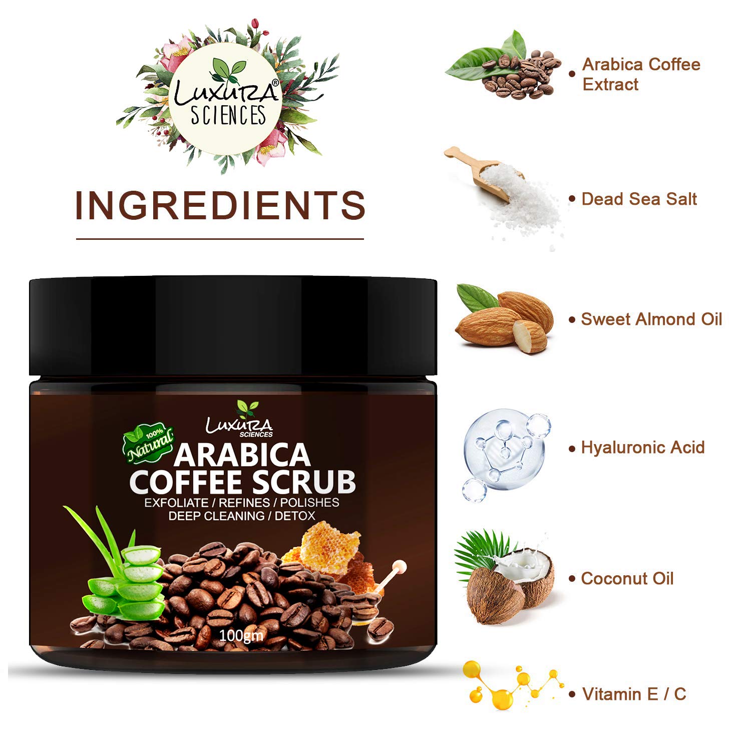Luxura Sciences Natural Arabica Coffee Face & Body Scrub | Gently Exfoliates Dead Cells & Removes Blackheads | Moisturizes Body & Reveals Soft, Smooth Skin | 3.53 Oz/100g