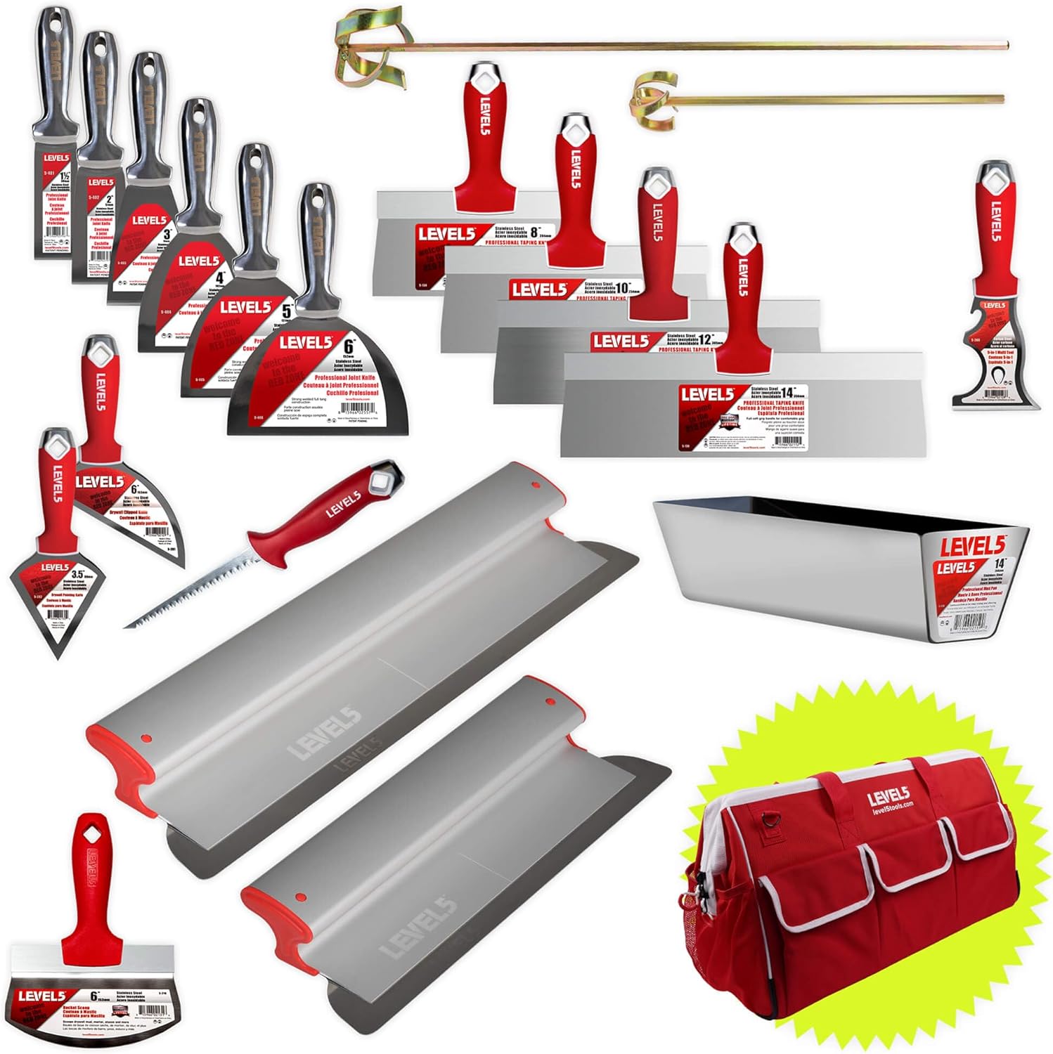 Professional Hand Tool Set W/Duffel Bag - Welded Joint, Taping, & Specialty Knives, Mixers, Jab Saw, Mud Pan + Free Duffel Bag | 5-690