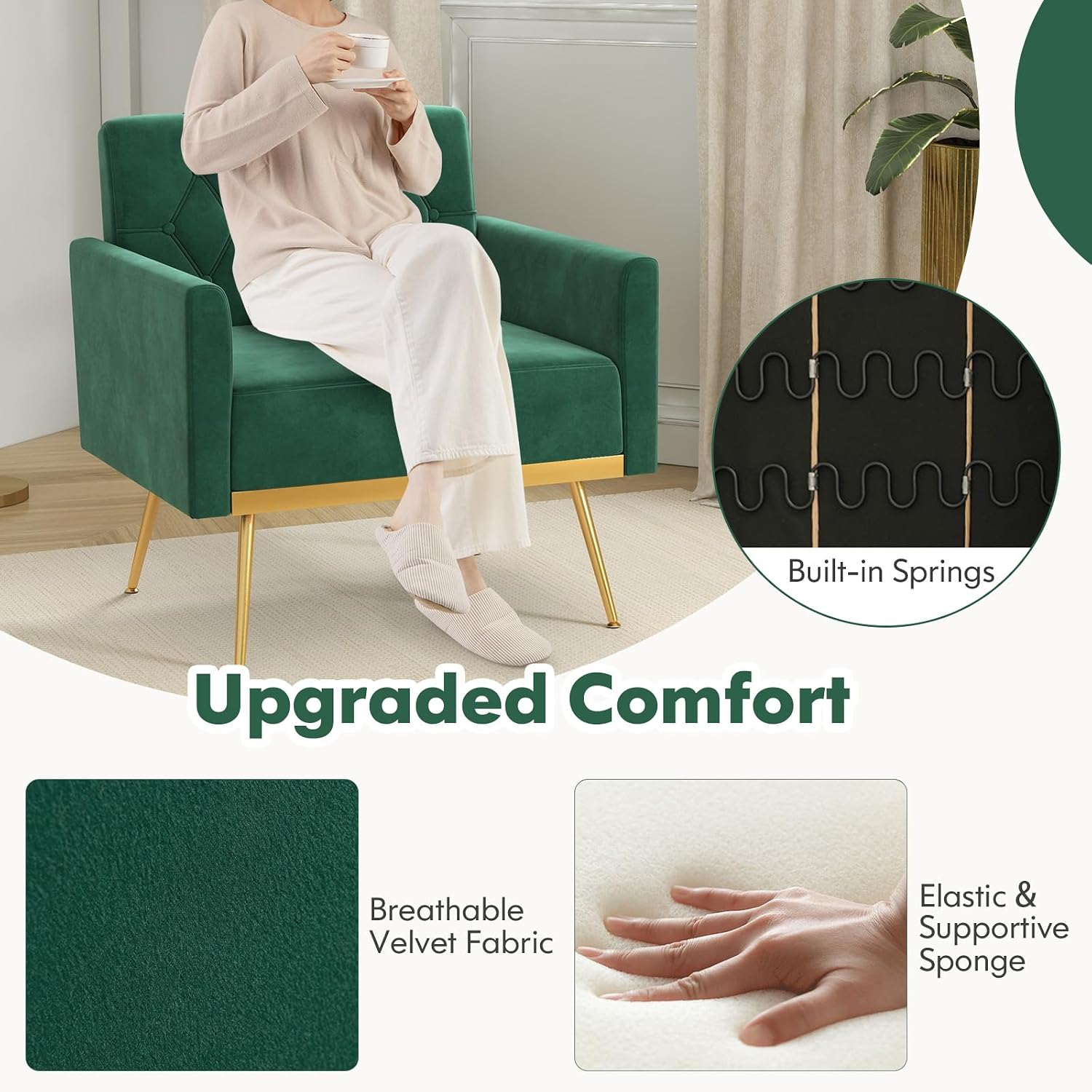 KOMFOTT Velvet Accent Chair, Modern Tufted Armchair with Golden Metal Legs & Adjustable Foot Pads, Upholstered Sofa Chair for Bedroom, Comfy Living Room Chairs, Green