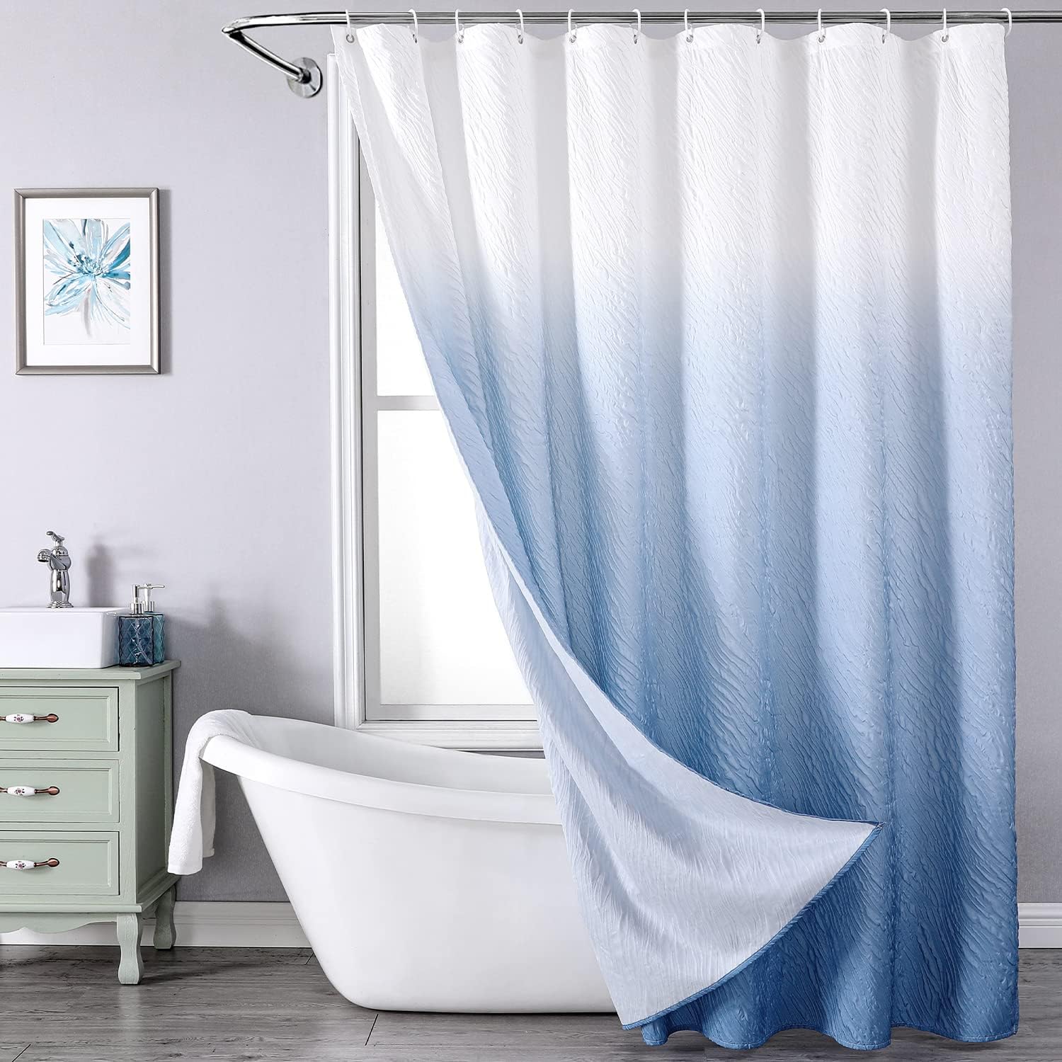 Amazon.com: CZL Bathroom Blue Shower Curtain Set Ombre with 12 Hooks ...