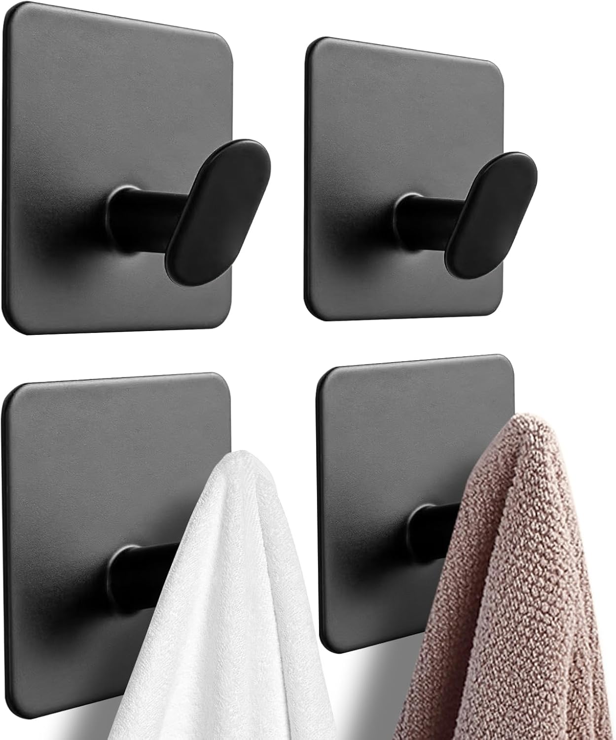 4 Pcs Adhesive Hooks - Towel/Coat Hooks Wall Hook Stick on Bathroom or Kitchen (Matte Black, Steel)