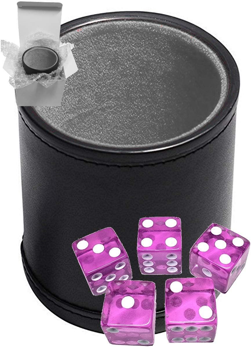 Cyber-Deals Set of 16mm Transparent Squared Corners Dice and Black PU Leather Dice Cup Plush Velvet Lined - Gift Boxed (Orchid, Grey Lining Cup)