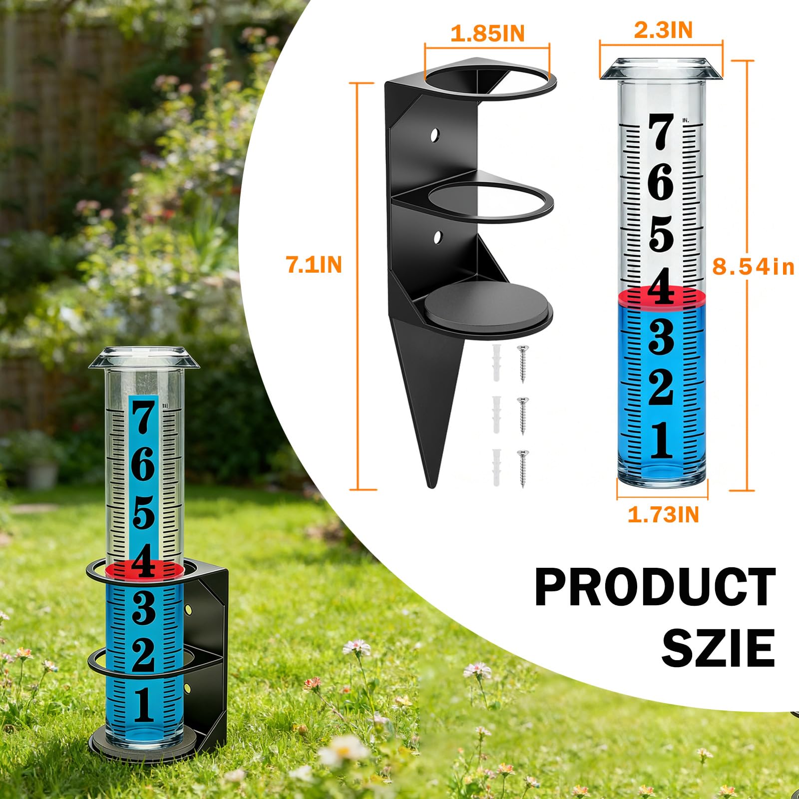 YZDTECH Regenmesser für den Außenbereich, 17,8 cm, leicht ablesbares Regenmessgerät mit rotem Schwimmer, Regenmesser im Freien, am besten bewertet mit Metallgestellhalter, großes, gefrierfestes