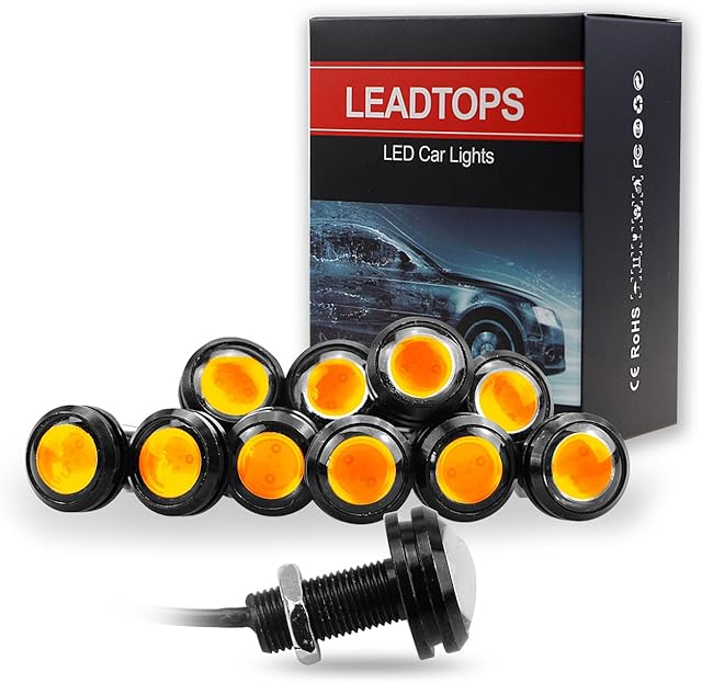 LEADTOPS 10Pcs 18mm 12V Eagle Eye LED Car Fog DRL Daytime Running Light Backup Turn Signal Reverse Tail Marker Rock Lights Round Mini Small bulb for Car,Truck,Trailer (Yellow, Black Case)