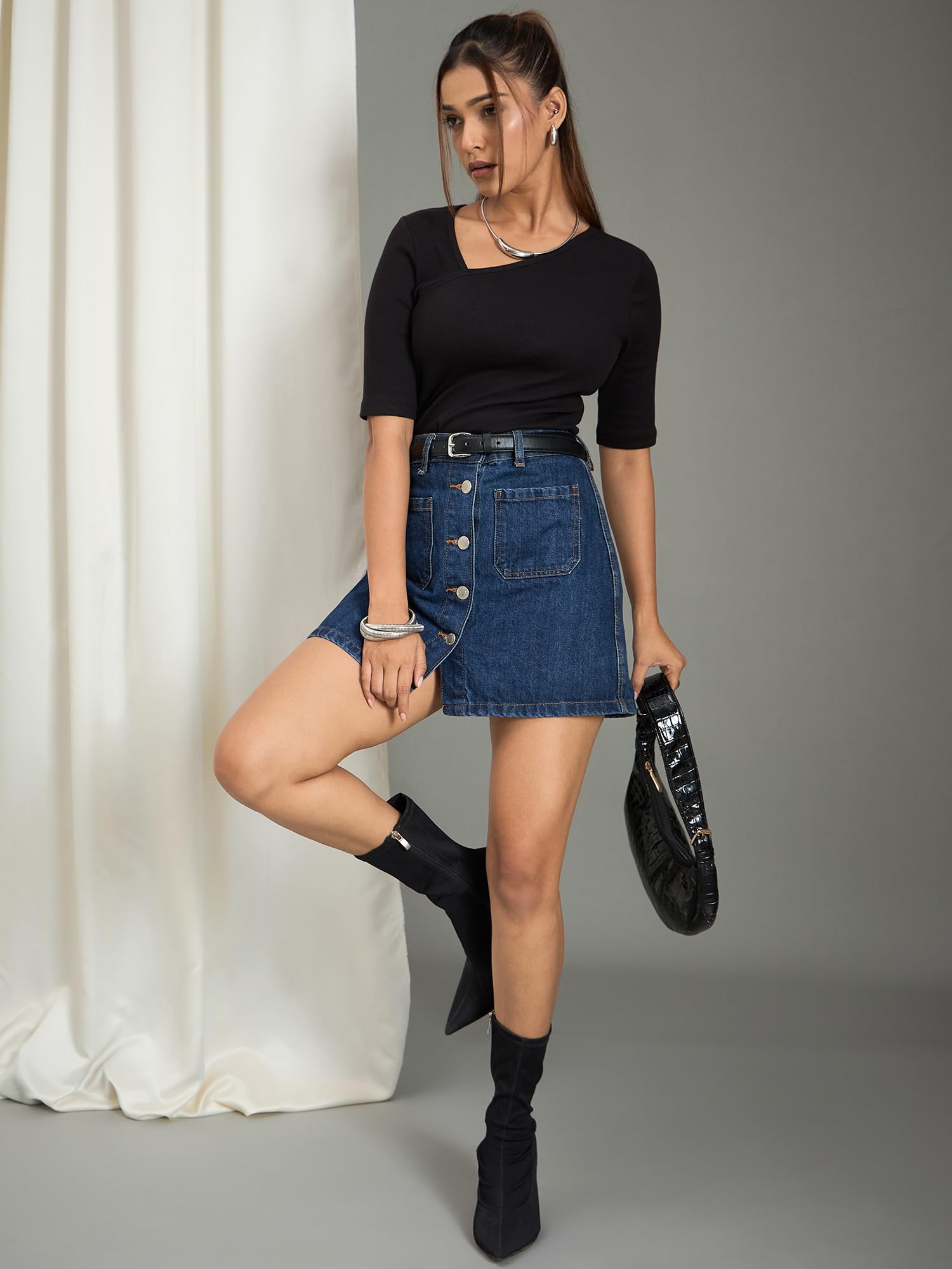 WineRed Women Black Asymmetrical Neck Ribbed Top 4