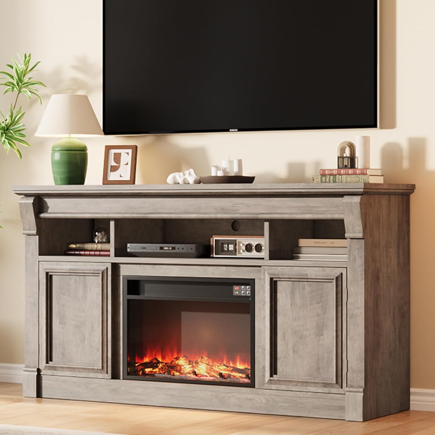 GarveeHome 58" Farmhouse Electric Fireplace TV Stand for TV Up to 65", Entertainment Center with 30'' Fireplace, Console Table TV Cabinet with Open Storage Shelves for Living Room