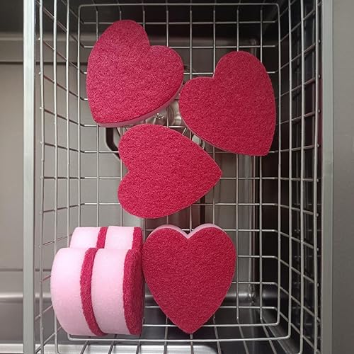 Miniatura 3 de Esponja en forma de corazón, limpiador de cocina de doble cara para lavar platos, ollas, sartenes y limpieza general del hogar, rosa (paquete de 6)