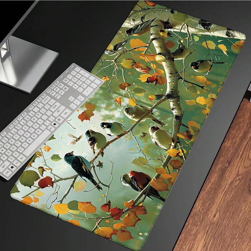 Żółta podkładka pod mysz XXL, podkładka na biurko, 1200 x 600 cm, szyte krawędzie, podkładka pod mysz, gumowa podstawa, ptak, podkładka pod mysz, stabilna przyczepność na gładkich